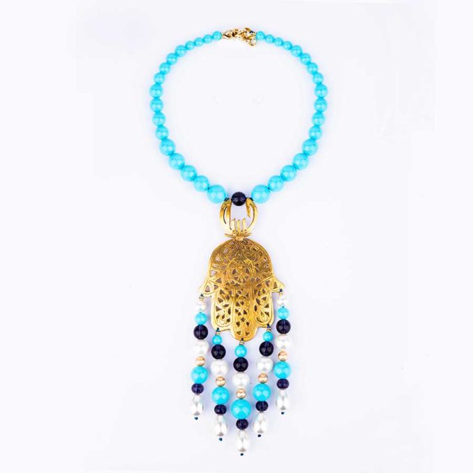 collier khomssa main de fatima authentique en argent turquoise perle et améthyste